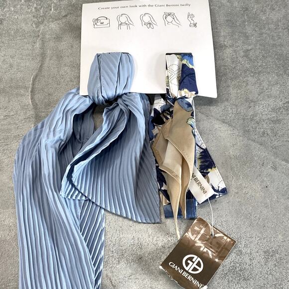 GIANI BERNINI Women's Neutral Blue Logo Floral & Solid Twin Set Twilly Scarves - Picture 2 of 10